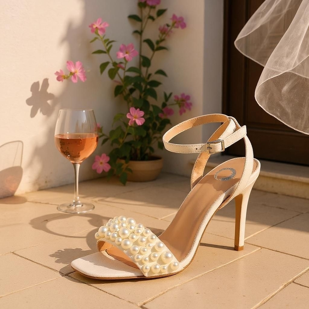 Journee Collection Nude Cream Beige Microsuede Pearl Heel Sandals SZ 9.5 M